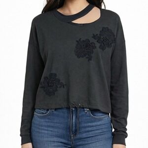 Forever 21 Womens Black Floral Lace Applique Choker Cutout Sweatshirt Size S
